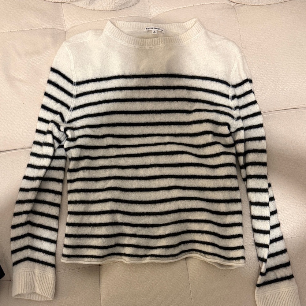 Reformation Black and White Striped Crew Neck Sweater